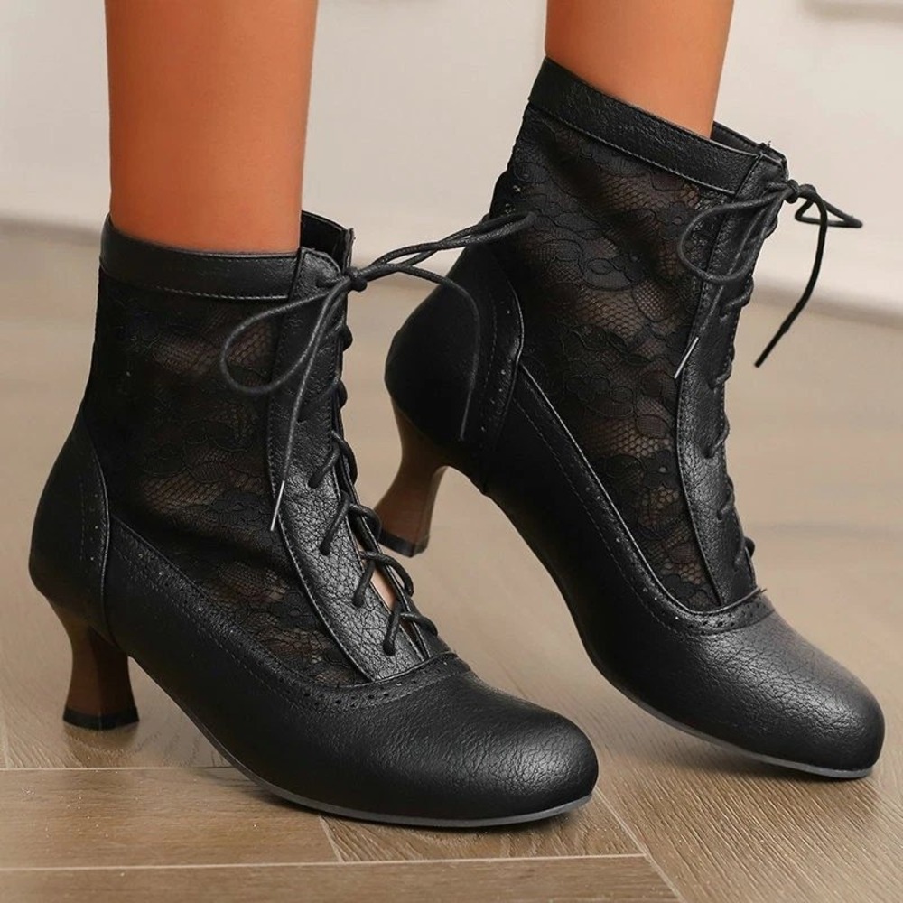 Dark Victorian Lace Ankle Boots Lace-Up Kitten Heel Booties Plus Size 12 Gothic
